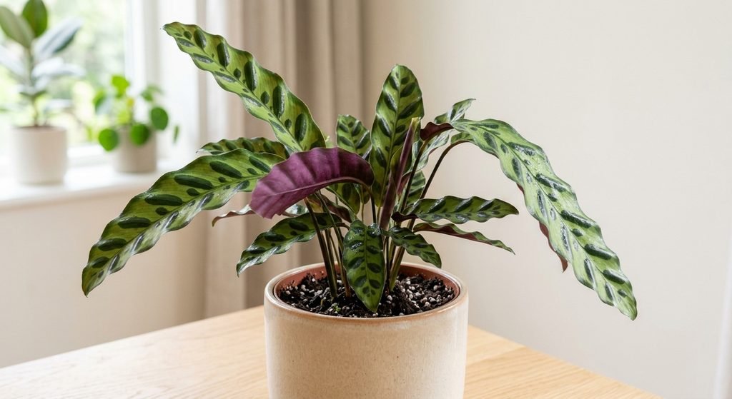 7 Melhores Plantas de Sombra Para Cultivar em Apartamento Planta Maranta-Cascavel em um vaso, destacando suas folhas longas e onduladas com manchas verde-escuras e o verso roxo sob luz indireta.
