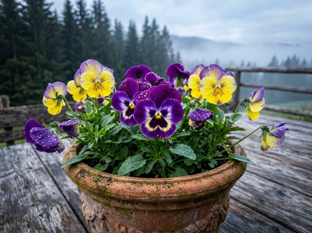 5 Flores de Serra que Amam o Frio e Resistem à Geada Flores de amor-perfeito roxas e amarelas com gotículas de orvalho em um vaso de barro no frio da manhã.