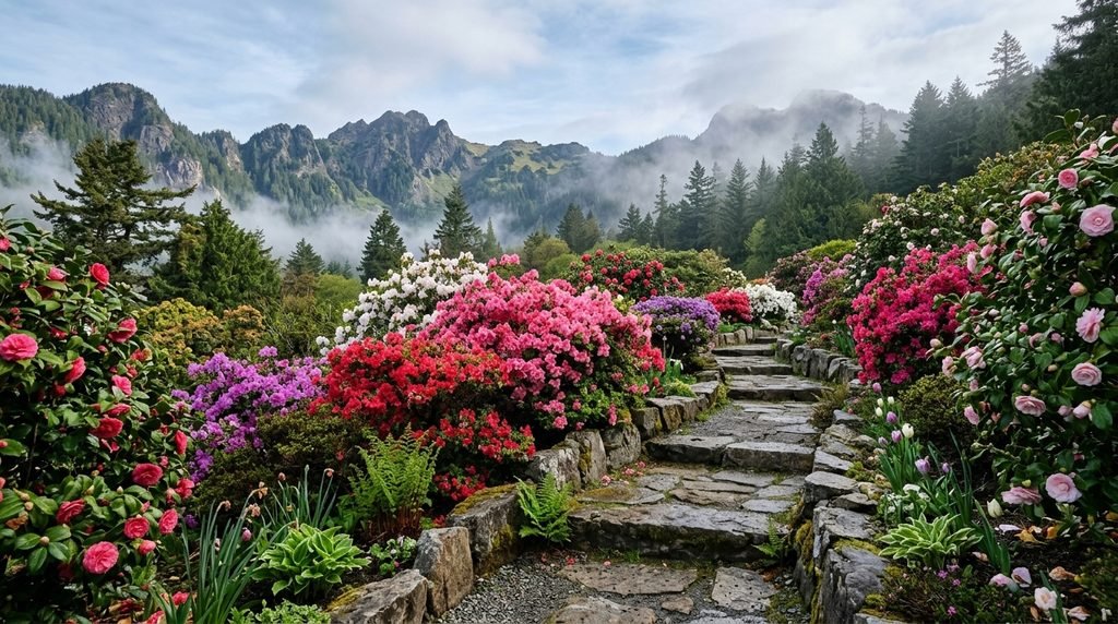 5 Flores de Serra que Amam o Frio e Resistem à Geada Caminho de pedra em um jardim de serra cercado por arbustos floridos de camélias e azaleias sob a neblina da manhã.
