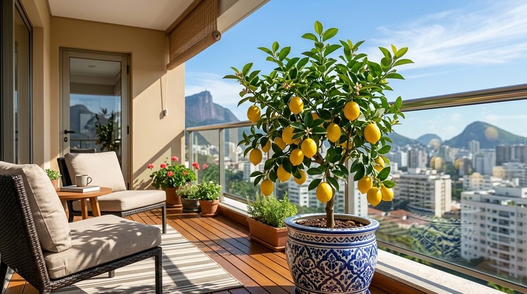Como Cultivar Árvores Frutíferas em Vasos Pequenos Varanda ensolarada de apartamento moderno com um pequeno e saudável limoeiro galego carregado de limões amarelos em um vaso de cerâmica.