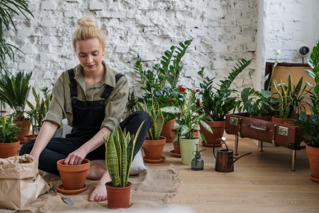 7 Melhores Plantas de Sombra Para Cultivar em Apartamento Mulher organizando plantas domésticas em vasos, com destaque para uma espada-de-são-jorge em primeiro plano.