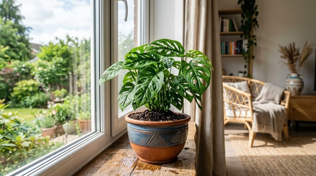 Como Montar a Drenagem Perfeita no Vaso Passo a Passo Planta de folhas verdes e viçosas cultivada em um vaso elegante perto da janela com luz natural.