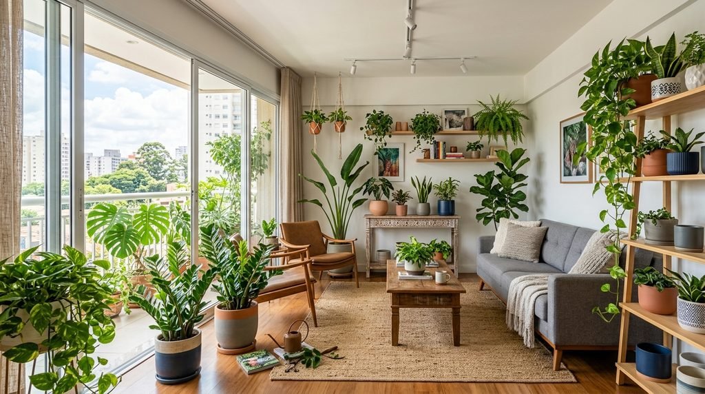 7 Melhores Plantas de Sombra Para Cultivar em Apartamento Sala de estar moderna decorada com várias plantas de sombra em vasos sobre prateleiras e no chão.