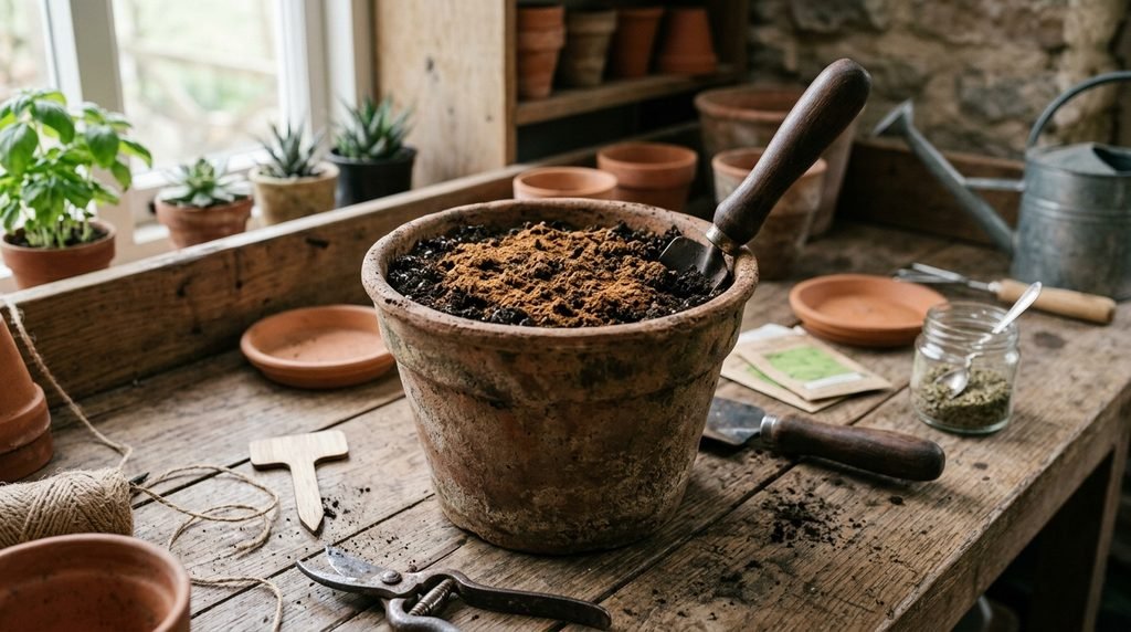 Terra do Vaso Branca ou Mofada? Como Resolver Vaso de cerâmica com terra vegetal polvilhada com canela em pó sobre uma bancada de jardinagem.