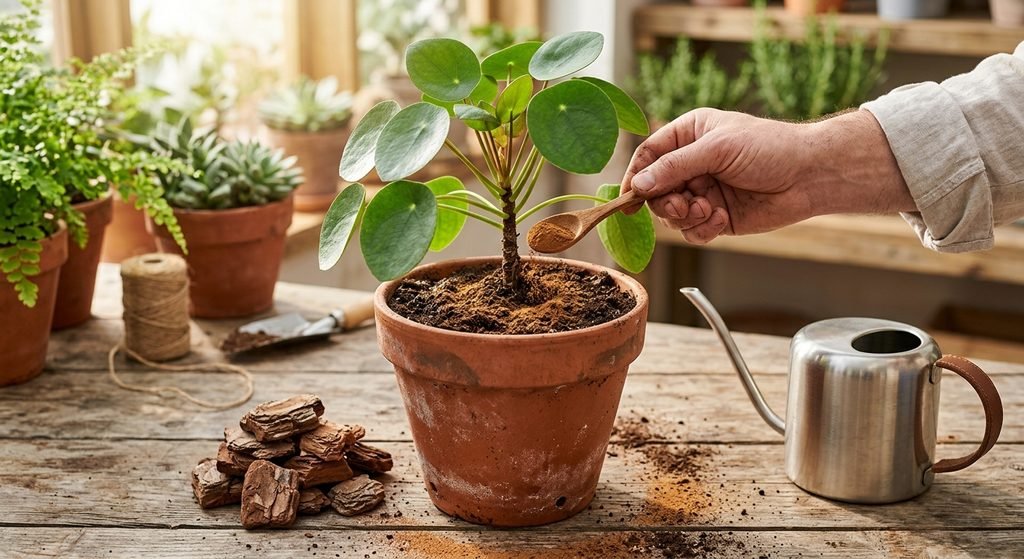 Terra do Vaso Branca ou Mofada? Como Resolver Mão aplicando canela em pó como antifúngico natural sobre a terra escura de um vaso de planta.