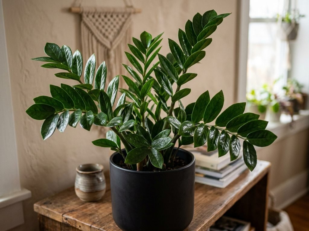 7 Melhores Plantas de Sombra Para Cultivar em Apartamento Folhas brilhantes e verdes de uma planta Zamioculca cultivada em um vaso preto elegante dentro de casa.